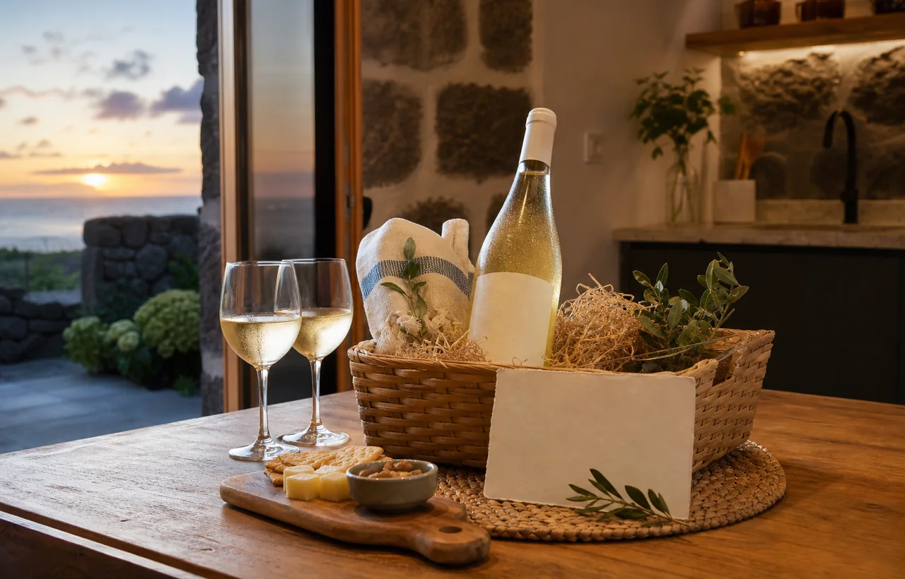 Pack de boas-vindas com vinho e produtos locais